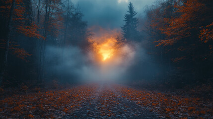 A foggy forest with vibrant orange and blue leaves creates mystical atmosphere. path leads into unknown, surrounded by trees and glowing light in distance