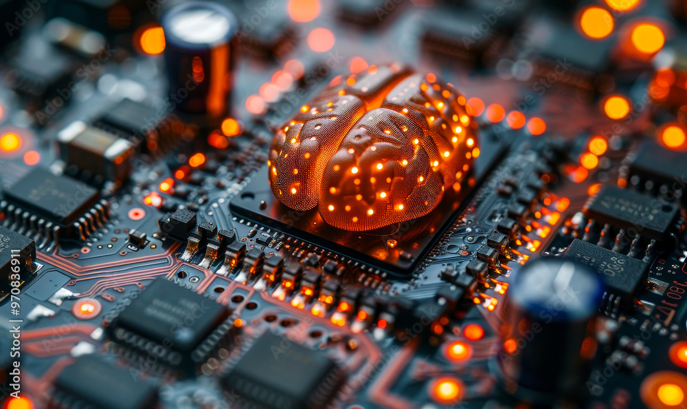 Poster futuristic microprocessor brain: advanced artificial intelligence concept with circuit board's illum