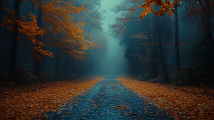 A foggy forest with orange and blue leaves creates serene atmosphere. path leads through mist, inviting exploration and reflection amidst natures beauty
