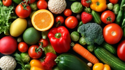 Colorful Fresh Vegetables and Fruits on Black Background