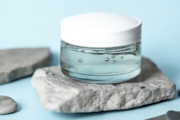 Transparent Skincare Product with Bubbles on Minimalist Background for Beauty and Wellness Concept