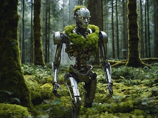 Naklejka premium Cyborg With Moss-Covered Limbs Walking Through Forest