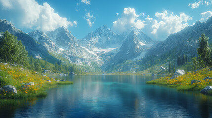 Fototapeta premium A serene lake surrounded by majestic mountains with snow capped peaks reflects vibrant colors of nature. lush greenery and blooming flowers create picturesque landscape