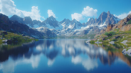 Fototapeta premium A serene lake surrounded by majestic mountains with snow capped peaks reflects stunning landscape under clear blue sky. tranquil scene evokes sense of peace and natural beauty