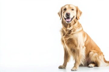 Fototapeta premium A happy golden retriever sitting on a white background, isolate,