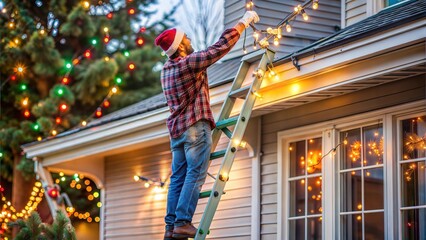 Man wearing Santa hat hanging Christmas lights with cheerful spirit on a cozy home exterior

