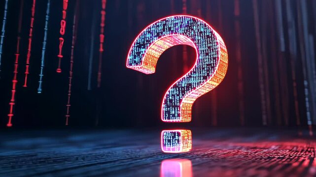 Digital 3d question mark with binary code, ai in question answering systems, natural language processing algorithms, information retrieval platforms, and personalized knowledge assistance