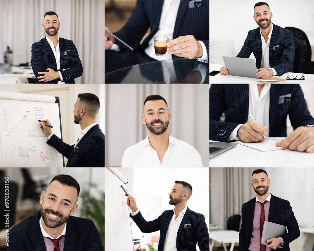 Leinwandbilder A well-dressed business professional is engaged in various tasks within a stylish office environment. He smiles confidently while interacting with colleagues, presenting information on a whiteboard