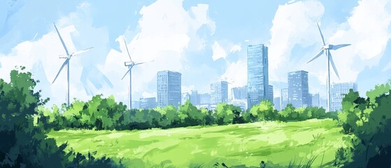 A futuristic city with sleek wind turbines integrated into the buildings, providing clean energy, Watercolor style