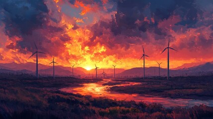 Wind turbines, peaceful valley, towering mountains, lake mirroring sky, serene atmosphere, Watercolor style