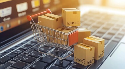 A miniature shopping cart filled with small cardboard boxes sits on a laptop keyboard, representing online shopping and e-commerce.