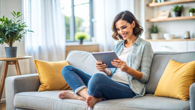 Happy young woman using a tablet on a cozy sofa with yellow cushions in a bright living room