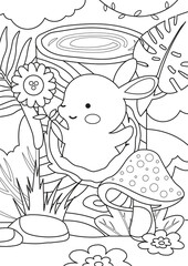 Coloring page outline of a cute bunny pop up from the tree hole