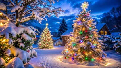 Beautifully illuminated Christmas trees in a snowy landscape with a cozy cabin at dusk