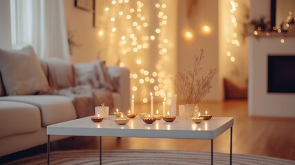 Bright living room decorated for Diwali with minimalist diyas and string lights enhancing the festive atmosphere