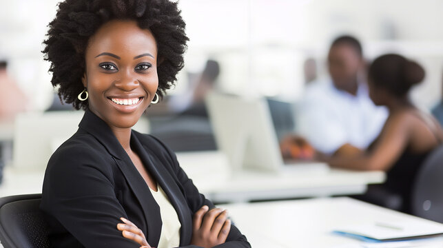 Portrait of a confindence african american businesswoman in the office with blurred background - business world concept