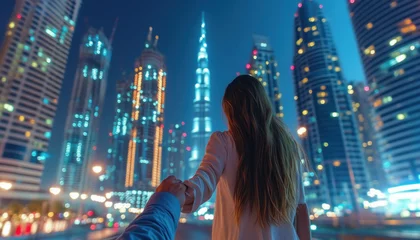 Ingelijste posters Burj Khalifa Young woman leading boyfriend to the burj khalifa at night in dubai  © ЮРИЙ ПОЗДНИКОВ