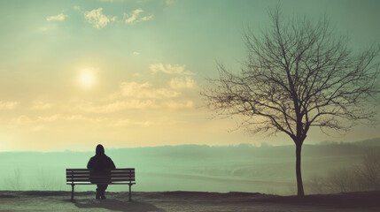 A person sitting on bench under tree, gazing at serene landscape during sunset. tranquil atmosphere evokes feelings of reflection and solitude