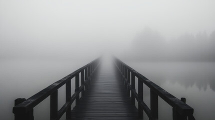A serene wooden pier extends into thick fog, creating mysterious atmosphere over calm water. scene evokes sense of tranquility and contemplation