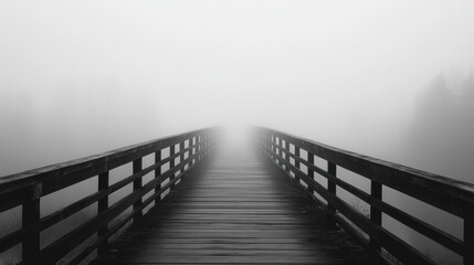 serene wooden bridge extends into thick fog, creating mysterious and tranquil atmosphere. blurred surroundings evoke sense of calm and contemplation