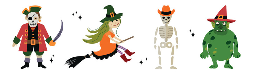 Halloween characters costumes set collection witch skeleton goblin pirate