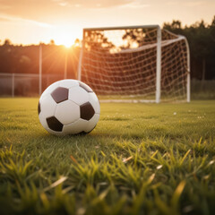 Fototapeta premium Soccer ball on the field against the backdrop of soccer goals in the rays of the setting sun