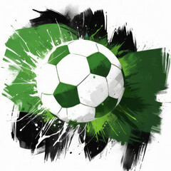 Soccer ball on white background surrounded by colored splashes