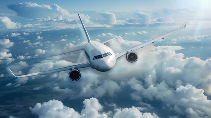 Commercial airplane flying above the clouds in clear skies