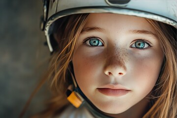 Close-up Portrait of a Young Girl Wearing a Helmet