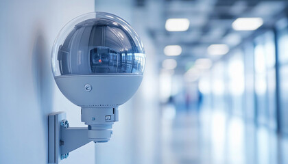 Surveillance camera observing activity in a busy hallway
