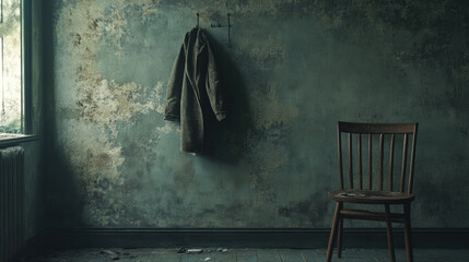 A rustic scene featuring worn out chair and coat hanging on wall, evoking sense of nostalgia and solitude. textured wall and dim lighting enhance atmosphere