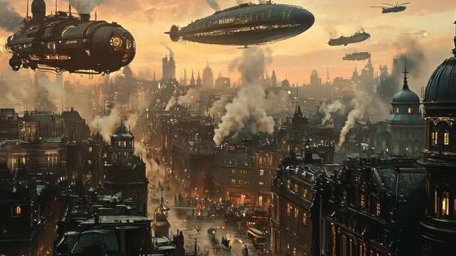 Victorian-era steampunk city with steam-powered machinery and airships in the sky