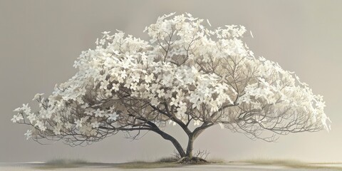 White blossoming tree in a peaceful landscape  
