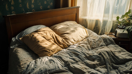 A cozy bedroom scene featuring neatly made bed with soft pillows and warm blanket. sunlight gently illuminates room, creating serene and inviting atmosphere