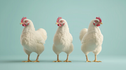 Fototapeta premium Group of white chickens standing in an open outdoor area with clear blue sky
