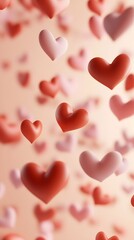 Valentine's Day background on a peach-colored surface with copy space. Cute red and pink hearts are flying in motion, with a soft tone and a cute style for a love concept