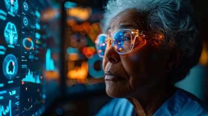 Elderly person using IoT enabled health monitoring technology, observing data on screens with focused expression. This scene highlights integration of technology in healthcare for seniors