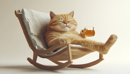 3d, cute chubby furry cat, satisfied expression, one eye open, other closed, lying in rocking chair, drinking hot tea