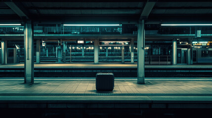 Naklejka premium A solitary suitcase sits on deserted train platform, illuminated by soft blue lights, evoking sense of mystery and anticipation. empty surroundings enhance feeling of solitude