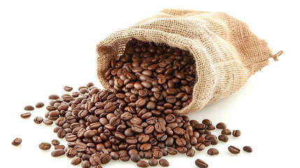 Fototapeta premium Burlap sack spilling roasted coffee beans on white background