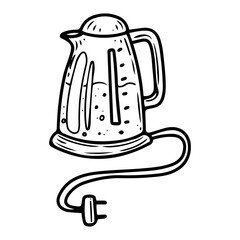Electric kettle hand drawn doodle. Electrical appliance for boiling water. Household kitchen equipment. Cooking tool. Vector sketch line art illustration.