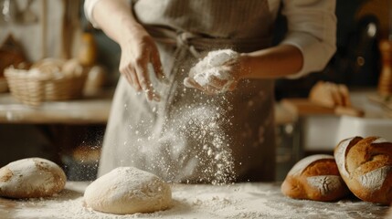 The image shows a person in the process of baking bread