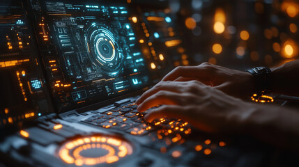 A businessman is engaged in automation concepts while using laptop, surrounded by futuristic digital interface. scene conveys sense of innovation and technology