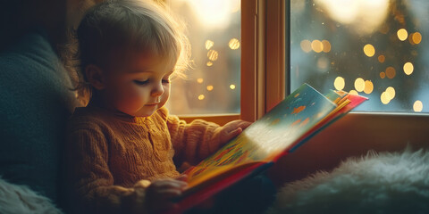 Little girl happily reading a book on a yellow sofa, exploring the magical world of stories. A heartwarming scene of early childhood education and discovery