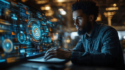 A focused businessman is using laptop, surrounded by virtual screens displaying automation concepts and data analytics. atmosphere is high tech and innovative, reflecting modern workspace