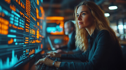 A focused woman analyzes futuristic financial data on digital screen, showcasing advanced technology in modern workspace. atmosphere is dynamic and innovative, reflecting future of finance
