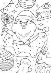 Coloring page outline of a santa pop up from donut in the candy land