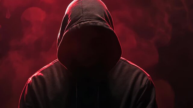 Hacker or scammer character in the dark with their face obscured by the hood, standing under dim red lighting