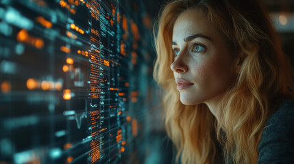 A focused woman gazes at futuristic digital display, contemplating advanced financial strategies and data analytics. Her expression reflects curiosity and determination