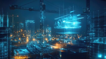 Fototapeta premium A digital blueprint of a building is projected over a city skyline at night, with construction cranes visible in the background.